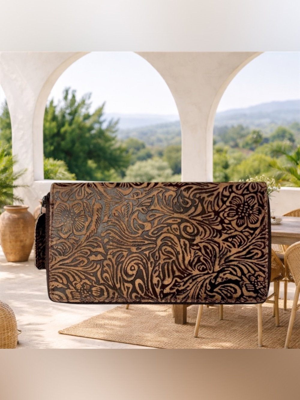 Embossed Floral Leather Zip Wallet - Brown and Black - Picture 7 of 8